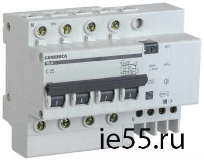 Диф.автомат АД14 4Р 25А 30мА GENERICA